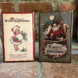 Vintage Christmas Wood Blocks: Rustic Farmhouse Postcard Signs