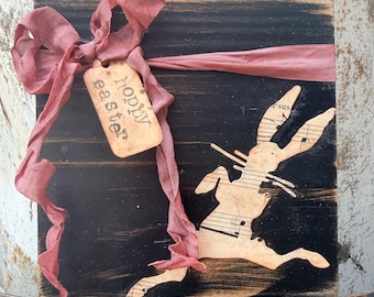 Hoppy Easter Primitive Farmhouse Decor |  Vintage Style Easter Rabbit Sitter | Handmade Spring Gift
