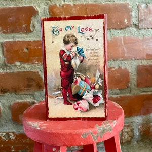 Vintage Valentines Wood Block; Farmhouse Country Valentines Day Decoration; Valentines Tier Tray; Primitive Valentines Decor; Valentine Gift