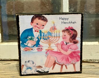 Vintage Hanukkah Wood Block Shelf Sitter: Farmhouse Mantel Decor