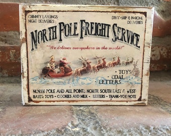 Vintage Christmas Wood Block Sign; Farmhouse Country North Pole Christmas Holiday Decoration; Christmas Hostess Gift; Shabby Chic Christmas