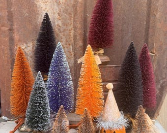 Rustic Halloween Bottle Brush Trees on Salvaged Bases | Vintage Halloween Decorations | Farmhouse Halloween Decor