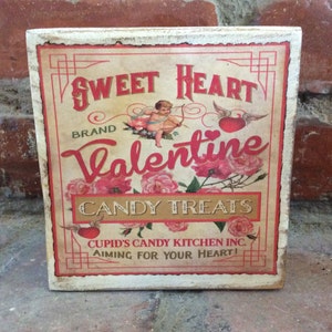 Vintage Valentine Wood Block: Shabby Chic Candy Label Decor