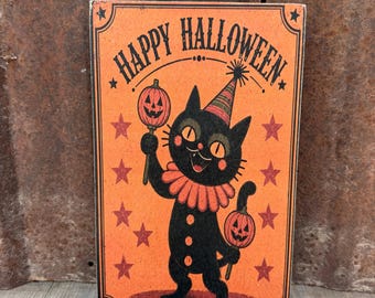 Whimsical Black Cat Halloween Wooden Sign, Happy Halloween Wall Art, Primitive Halloween Decorations, Retro Halloween Decor