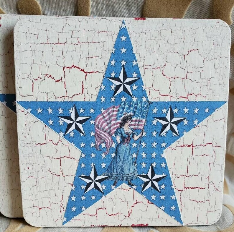 Handcrafted Wood Coasters Patriotic Lady Red White /& Blue Stars One of a Kind Set of 4