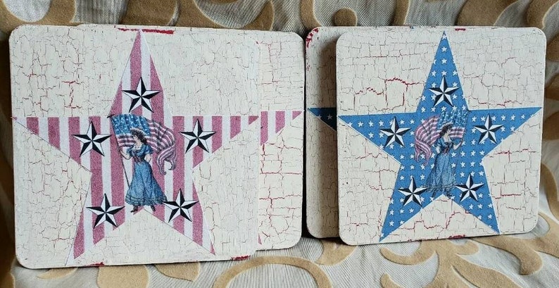 Handcrafted Wood Coasters Patriotic Lady Red White /& Blue Stars One of a Kind Set of 4