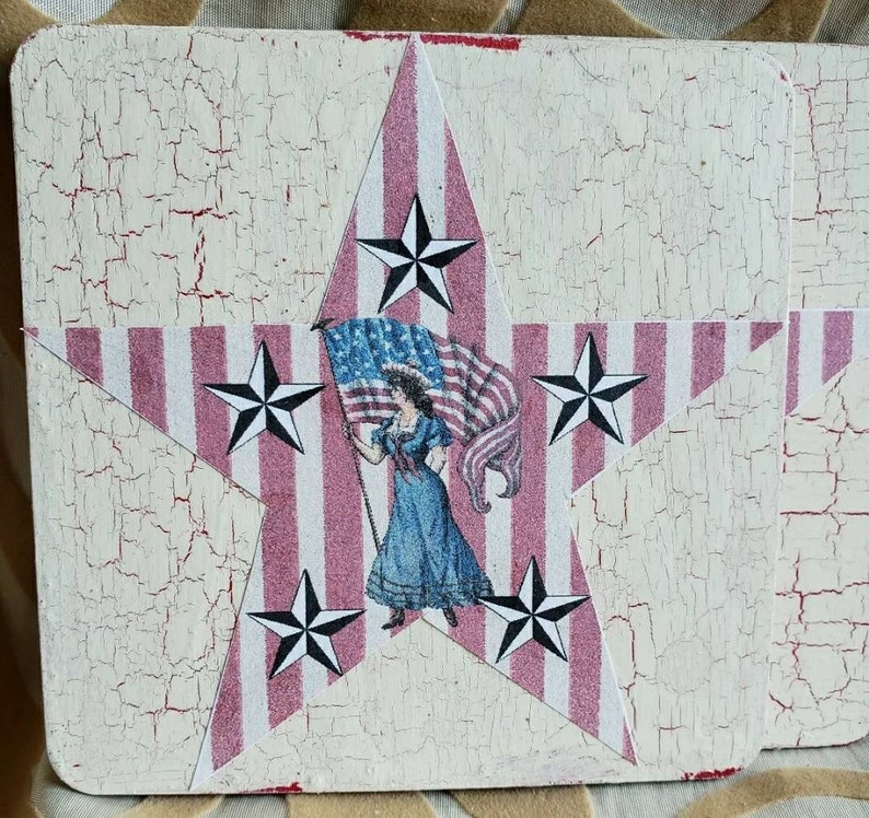 Handcrafted Wood Coasters Patriotic Lady Red White /& Blue Stars One of a Kind Set of 4
