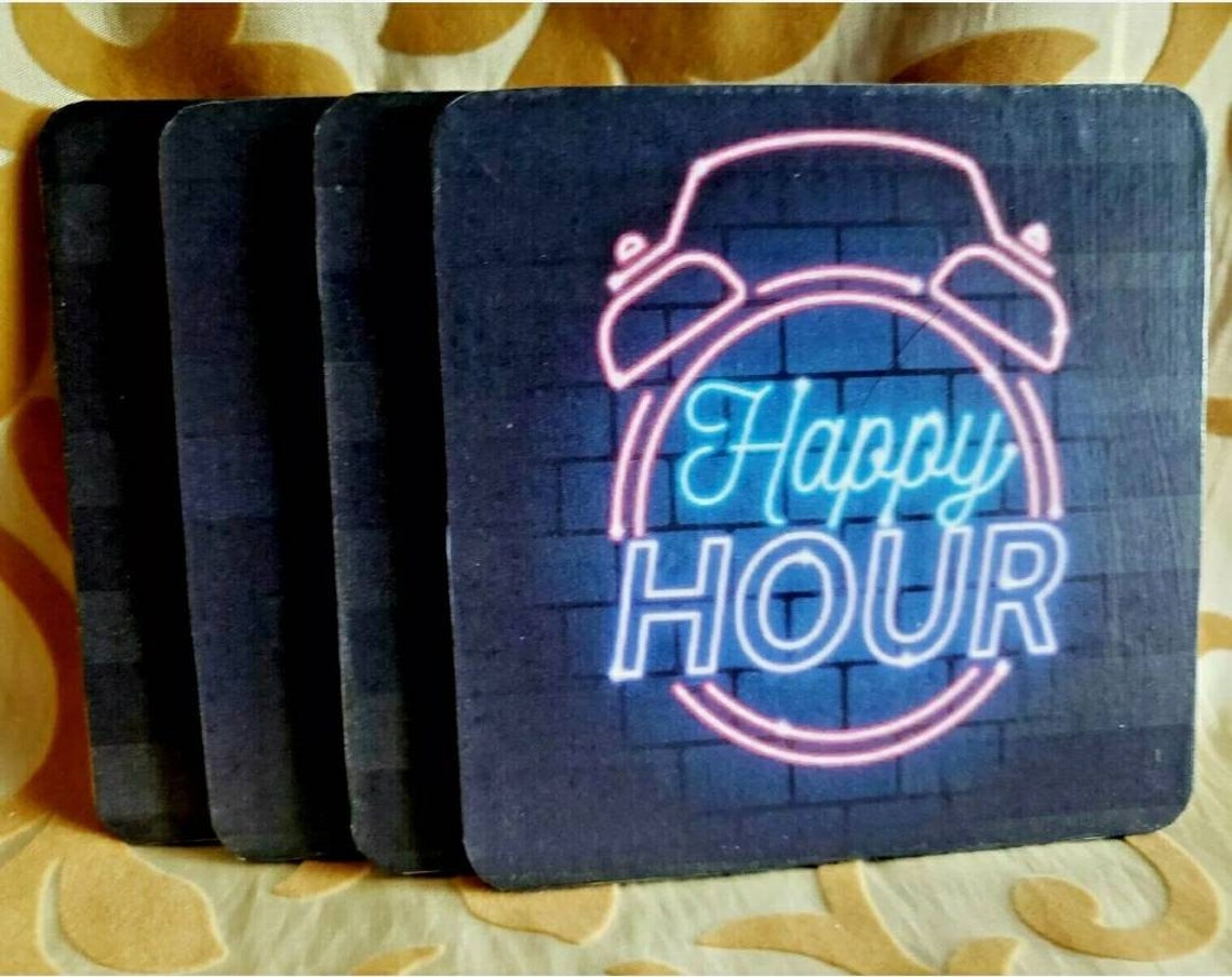 HAPPY HOUR Neon Sign Coasters HandCrafted Wood & Cork One of Etsy