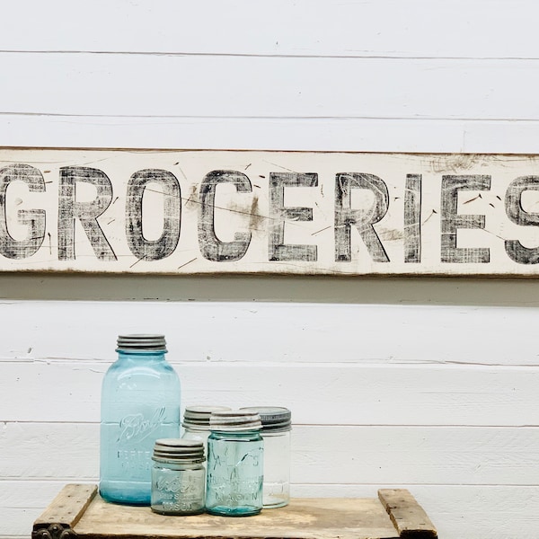 Groceries Rustic And Distressed Vintage Wood Sign, Grocery Wall Sign, Primitive Old Signs Above Pantry, Farmhouse Kitchen Wall Decor