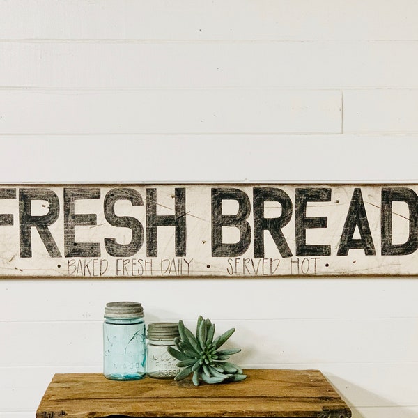 Fresh Bread Sign, Sourdough Bread, Gift For Baker, Old Looking Farmhouse Kitchen Wall Art, Primitive Rustic Baking Decor, Restaurant Sign