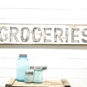 Groceries Rustic Distressed Vintage Wood Sign, Grocery Wall Sign, Primitive Old Signs Above Pantry, Old Looking Farmhouse Kitchen Wall Decor