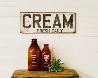 Cream Sign, Wood Sign, Kitchen Wall Decor, Farmhouse Kitchen, Primitive Signs, Vintage Looking Cream Sign, Farmhouse Decor, Antiqued Sign