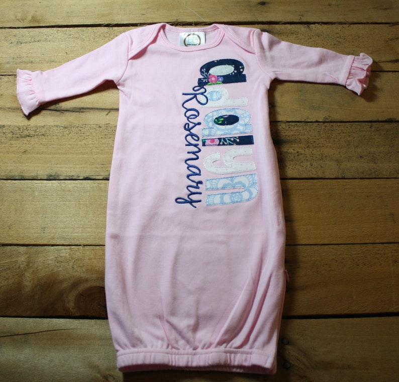 Personalized Baby Gown Hat Bib Burp Cloth Set Monogrammed Customized Applique Embroidered Baby Shower Coming Home Outfit Boy