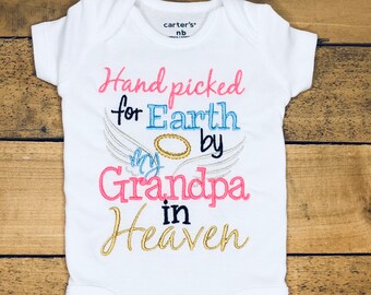 Embroidered Bodysuit Handpicked for Earth by my Grandpa in Heaven Baby Shower Gift Hand Picked Bodysuit Knotted Baby Headband