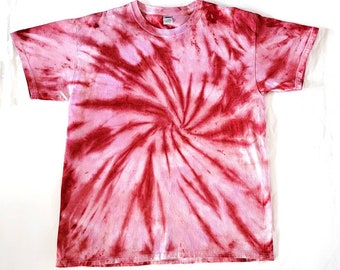 Adult Unisex Large Red and Pink Spiral Tie Dye Shirt | hippie boho valentines mens womens gift unique ooak handmade summer festival rose top
