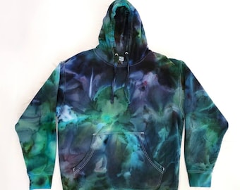 Adult Large Forest Green and Black Ice Blend Unisex Handmade Tie Dye Pullover Hoodie Sweatshirt | mens womens army hunting winter hippie top