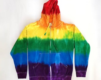 Medium Rainbow Stripes Handmade Tie Dye Zip Up Hoodie | warm and gay lgbt lgbtq lgbt+ flag cotton jacket unisex hippie boho coat
