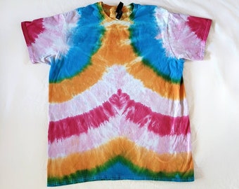 Unisex XL Soft Blue Orange Pink Semicircle Zipper Handmade Tie Dye Shirt | vibrant unique ooak hippie boho mens womens gift hand dyed top