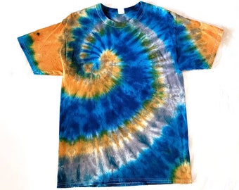 Unisex Medium Blue Orange Gray Spiral Tie Dye Shirt | hippie boho style handmade mens womens gift unique ooak hand dyed beach scene waters