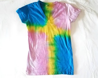 Youth Large Feminine Fitted V Neck Vibrant Unisex Tie Dye Shirt | blue pink yellow quadrant hippie boho girls summer festival gift handmade