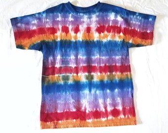 Youth XL Bright and Unique Striped Unisex Tie Dye Shirt | blue red orange purple stripes vibrant hippie boho summer festival kids handmade