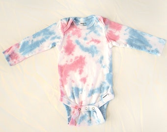 Size 3-6 months Handmade Tie Dye Long Sleeve Cotton Baby Bodysuit | hand dyed baby shower trans pride lgbt hippie boho gender neutral gift