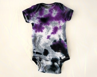 Size 0-3 months Purple Black and Gray Tie Dye Cotton Baby Bodysuit | handmade hand dyed hippie boho gift gender neutral ace asexual pride