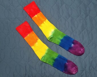Rainbow Stripes Tie Dye Unisex Adult Bamboo Knit Socks | Gay Pride, Handmade, Soft and Thick Fabric, Comfortable Calf Length