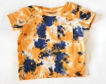 24 Monate Größe Orange und Blau Scrunch Unisex Baby Kleinkind Tie Dye Pocket Tee | Sprenkel Hippie Boho Sommer Jungen Mädchen Geschenk handmade