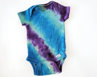 Size 0-3 Months Blue Purple and Seafoam Stripes Unisex Tie Dye Baby Bodysuit | hippie boho handmade baby shower boys girls gift comfy cotton