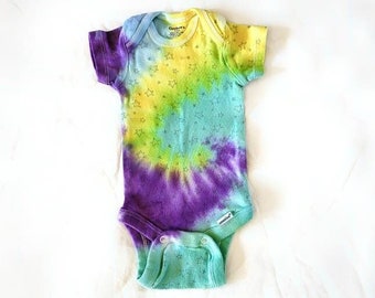 Size 0-3 Months Yellow Purple Seafoam Tri Color Spiral Unisex Tie Dye Baby Bodysuit | boys girls handmade unique top hippie baby shower gift