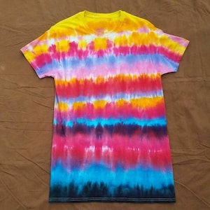 Size M Liquid Sunset Unisex Striped Tie Dye Shirt | Yellow Pink Purple Blue Black handmade neon hippie boho ooak design mens womens gift tee