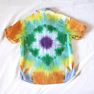 Flower Child Kids Size Medium Unisex Button Up Casual Collared Tie Dye Shirt | Cotton, Hand Dyed