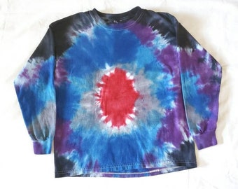 Kid's Large Long Sleeve Unisex Bullseye Tie Dye Camisa / algodón joven teñido a mano chicos oscuros niñas regalo casual hecho a mano cómoda camiseta