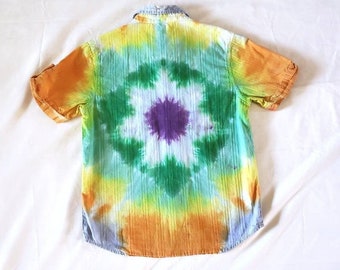 Flower Child Kids Size Medium Unisex Button Up Casual Collared Tie Dye Shirt | Cotton, Hand Dyed