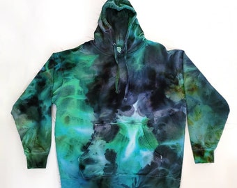 Adult XL Green and Black Abstract Cloud Swirl Unisex Tie Dye Hoodie | mens womens unisex hippie camouflage streetwear dark forest sweater