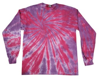 Long Sleeve Tie Dye Pink and Purple Spiral Unisex Shirt Size Large | handmade hand dyed hippie boho mens womens unisex gift summer festival