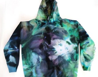 Green Black White Splash Heavyweight Pullover Tie Dye Hoodie | handmade unisex mens womens winter wear warm cotton fleece shell sweater