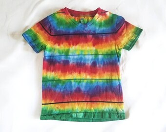 Youth Small 6-7 Unisex Tie Dye Rainbow Stripes V Neck T Shirt | girls boys gift casual handmade cotton hand dyed hippie boho festival