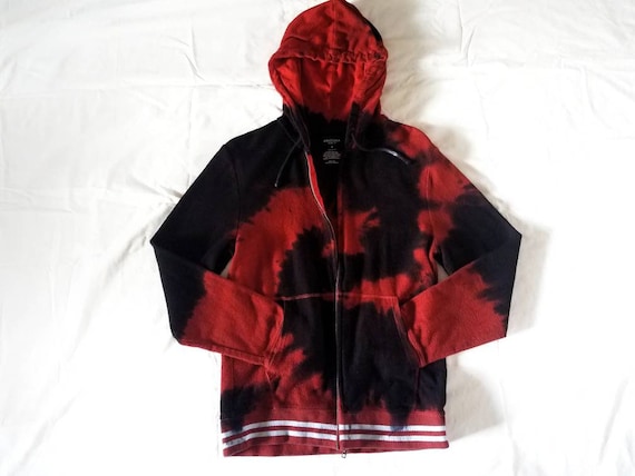 Size Small: Casual Relaxed Orange Black Spiral Tie Dye Unisex Zip Up Hoodie | Hand Dyed Halloween Fashion