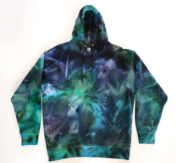 Adult Large Forest Green and Black Ice Blend Unisex Handmade Tie Dye  Pullover Hoodie Sweatshirt mens womens army hunting winter hippie top
