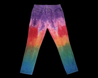 Rainbow Striped Tie Dye Pants size 27 Feminine Fit | hand dyed womens girls gift cotton blend slim stretchy pastel ooak rave festival hippie