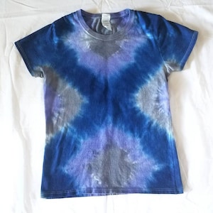 Fitted Medium: X Pattern Blue Purple Gray Tie Dye Shirt | hand dyed cotton tee feminine fit hippie boho handmade clothing womens gift casual