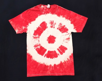 Size small: Red and White Distressed Target Bullseye Unisex Cotton Tie Dye Shirt | mens womens gift handmade hippie grunge boho festival tee