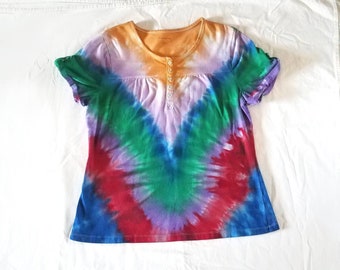 Hand Dyed Tie Dye V Pattern Rainbow Stripes Feminine Fit Henley Shirt | soft casual summer unisex womens gift hippie boho music festival