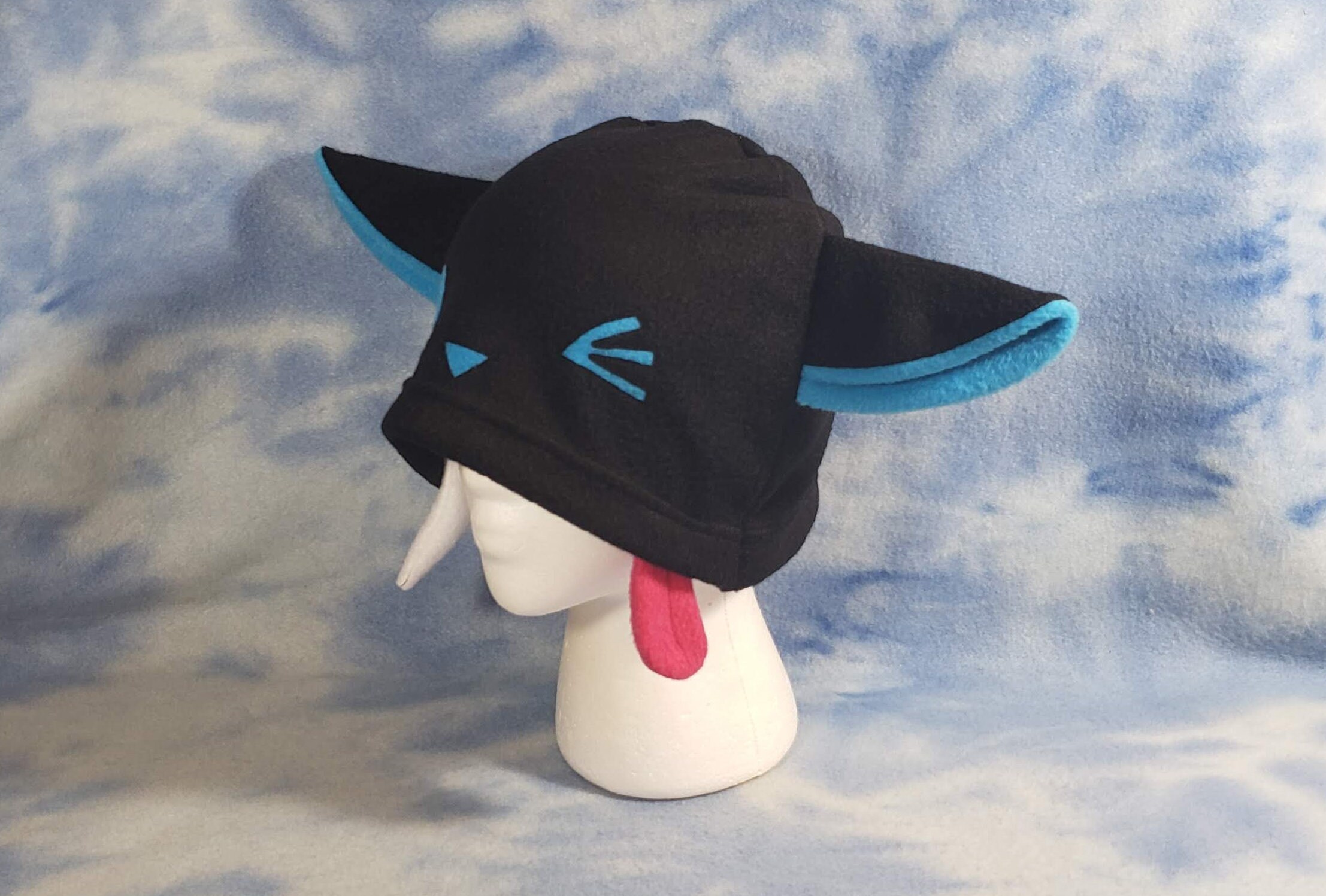 Winking Furry Cat Hat With Fang Tongue Derpy Blue Kitty