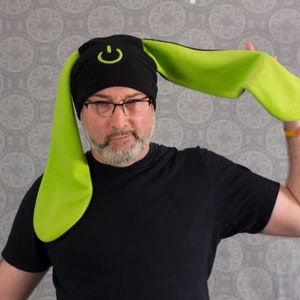 Green Power Bunny Hat Gamer Programmer Geek on Button Rabbit Ears ...