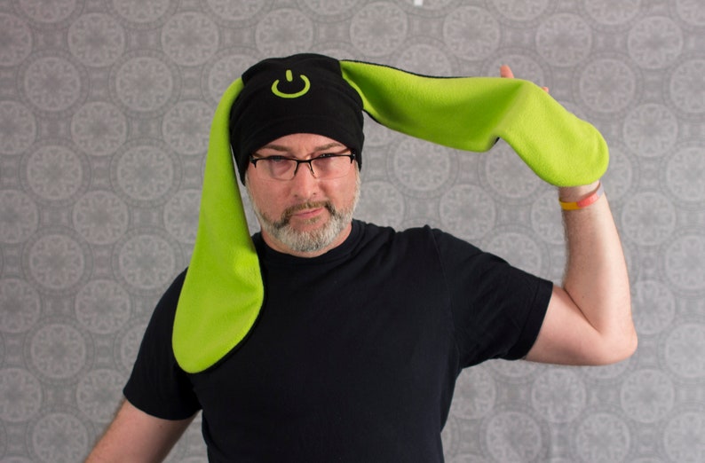 Green Power Bunny Hat Gamer Programmer Geek on Button Rabbit Ears ...