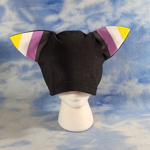 Non Binary Pride Kitty Hat Ears Flag Nonbinary LGBTQ Black Cat Gender Queer Beanie Fleece