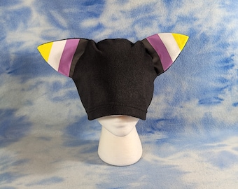 Non Binary Pride Kitty Hat Ears Flag Nonbinary LGBTQ Black Cat Gender Queer Beanie Fleece